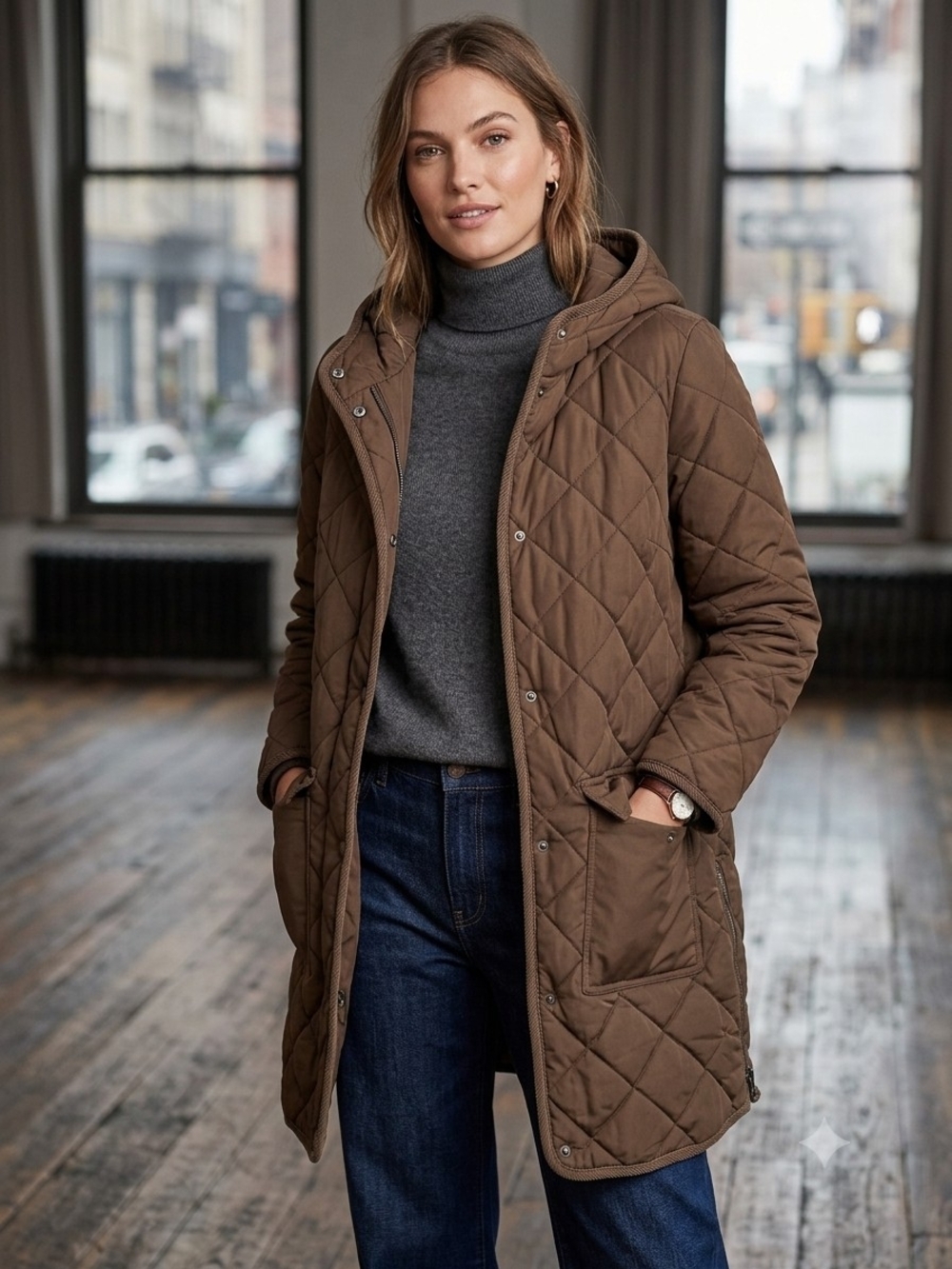 Everyday Quilted Hooded Puffer Coat in Brown
